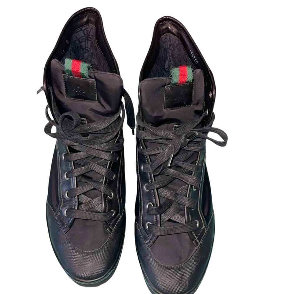 Gucci Men's High Top Sneakers Black Nylon Leather Size 11 US (10G) COA Auth